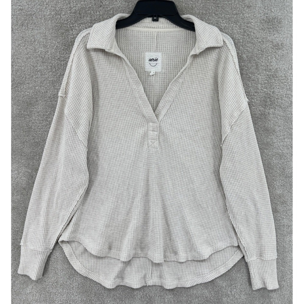 Aerie Oversized Coastal Waffle Knit Pullover Size S Cream Long Sleeve Slouchy